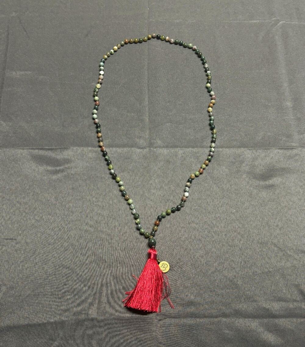 Indian Agate 108 Bead Mala Necklace Om Charm Red Tassel 34” Slip On